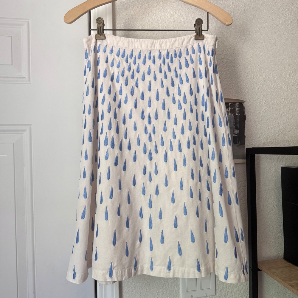 SNAK Anthropologie white blue tear drop rain embroidered cotton flax midi skirt